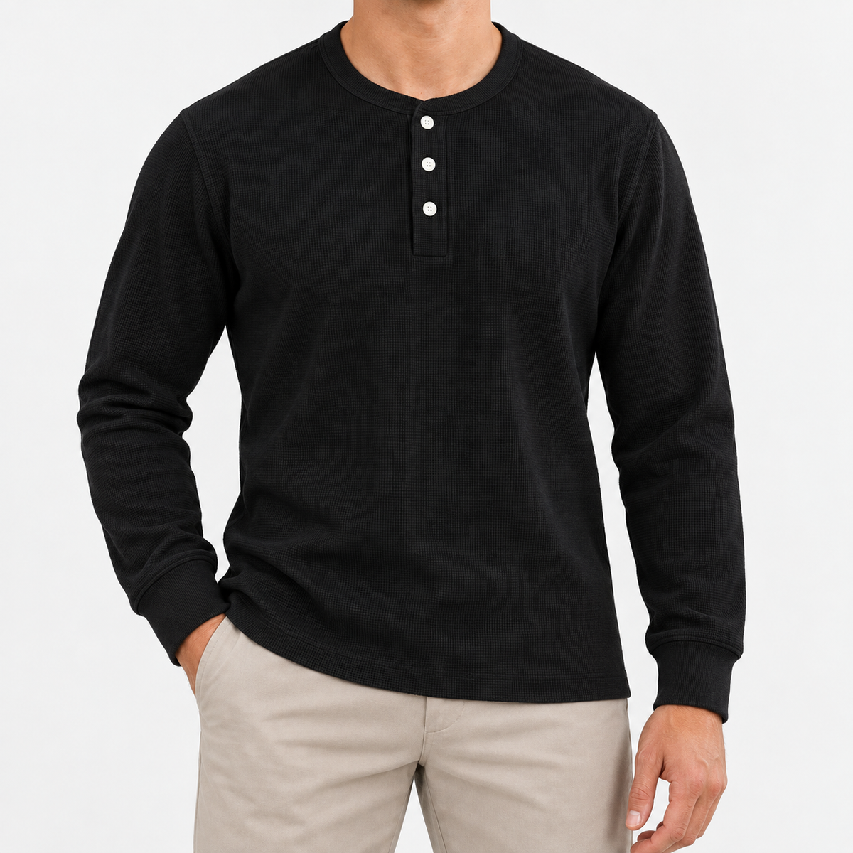 Waffle knit long sleeve henley in black, front view on a model