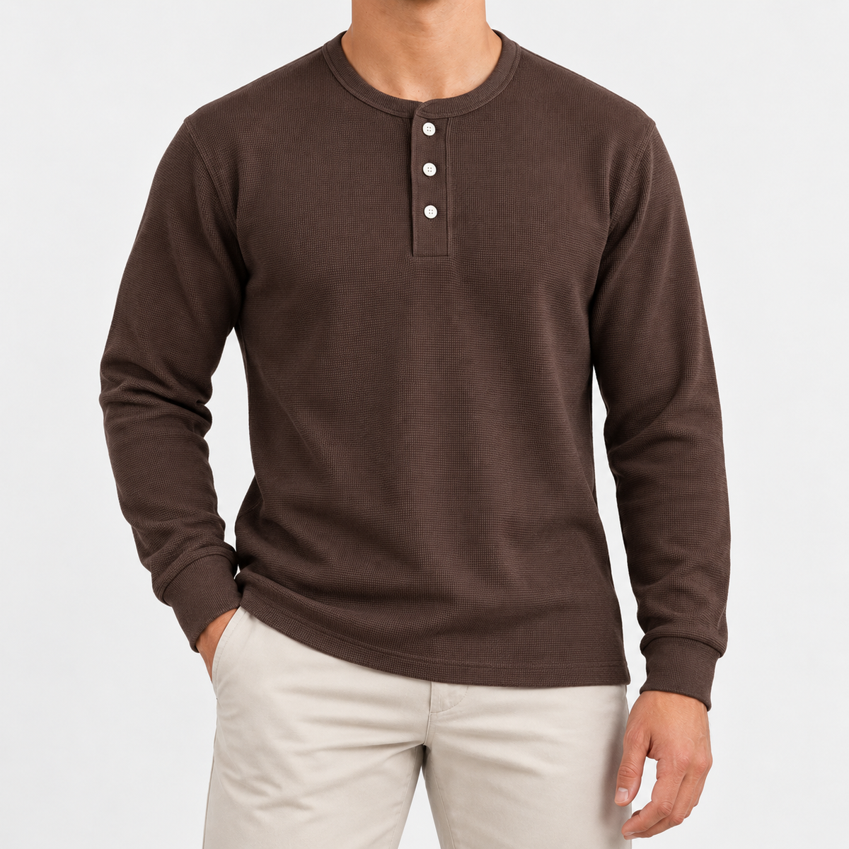 Waffle knit long sleeve henley in coffee, front view on a model