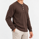 Waffle knit long sleeve henley in coffee, side view on a model