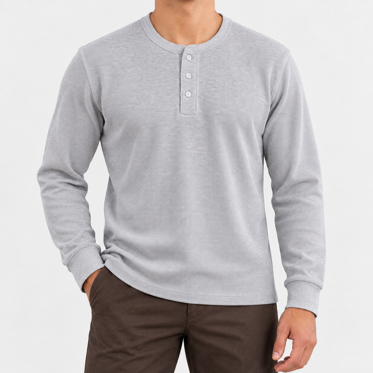 Waffle knit long sleeve henley in light gray, front view on a model