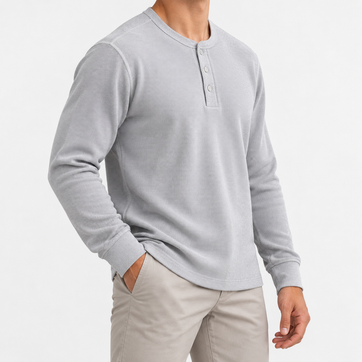 Waffle knit long sleeve henley in light gray, side view on a model