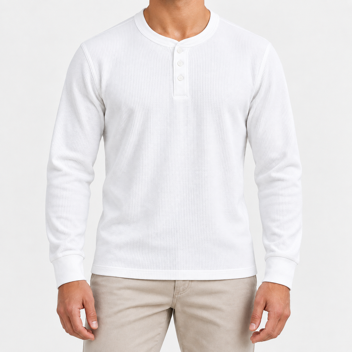 Waffle knit long sleeve henley in white, front view on a model