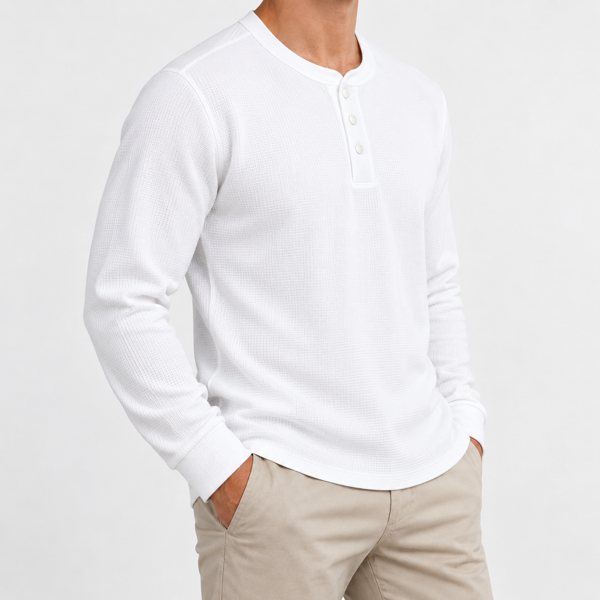 Waffle knit long sleeve henley in white, side view on a model