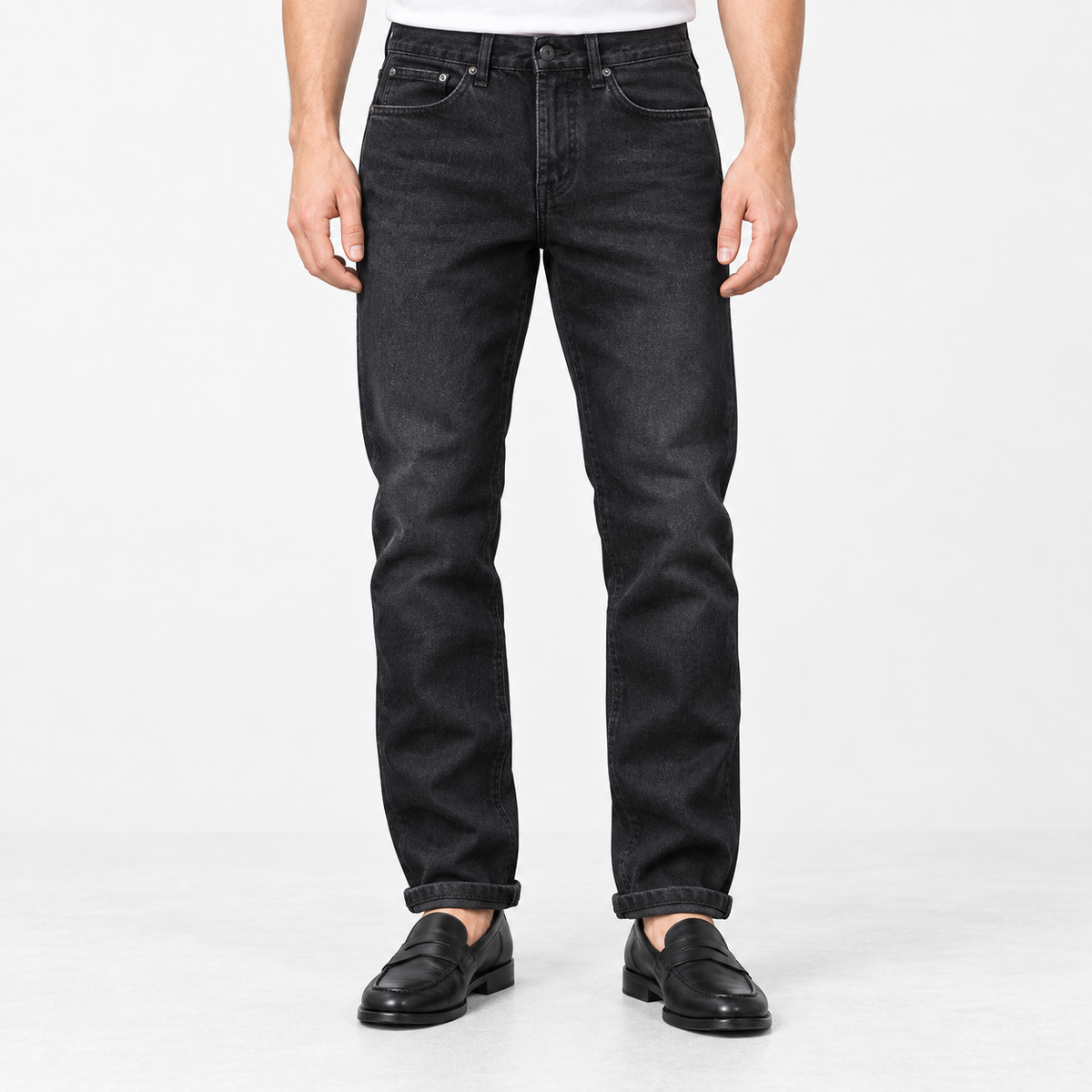 Washed black straight leg stretch jeans in washed black, front view on a model