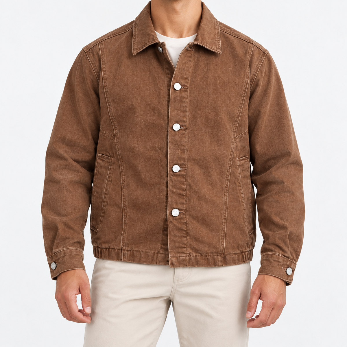Washed cotton chore jacket in tobacco brown, front view on a model
