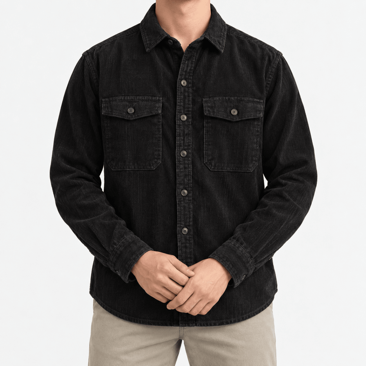 Washed cotton corduroy double pocket shirt - AntoniosClothing - Black