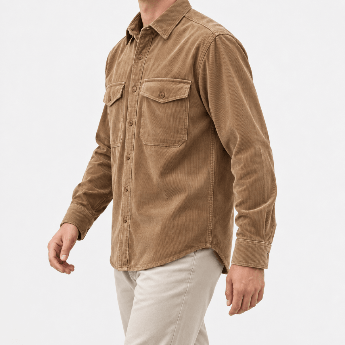 Washed cotton corduroy double pocket shirt - AntoniosClothing - Khaki