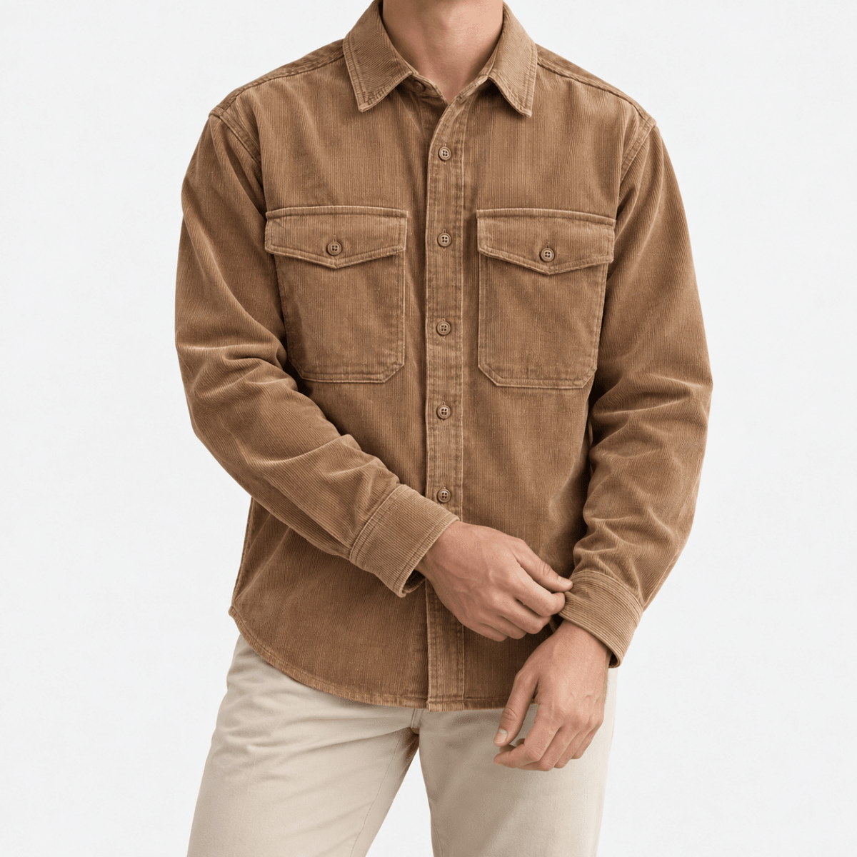 Washed cotton corduroy double pocket shirt - AntoniosClothing - Khaki