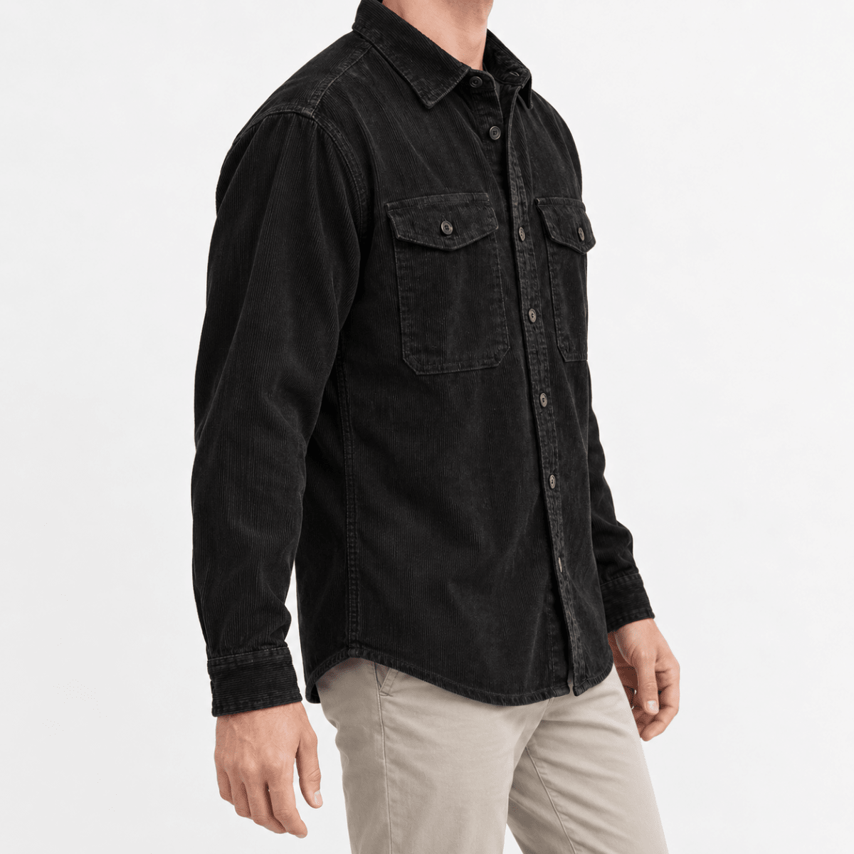 Washed cotton corduroy double pocket shirt - AntoniosClothing - Black