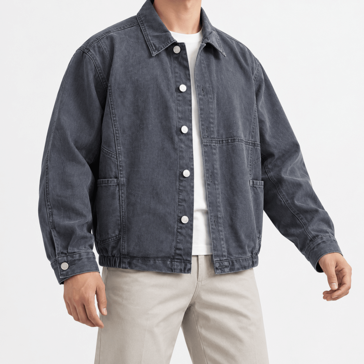 Washed cotton jacket with a gathered hem - AntoniosClothing - Slate gray