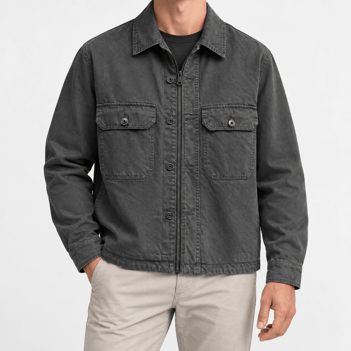 Washed cotton utility jacket with a zip front - AntoniosClothing - Charcoal