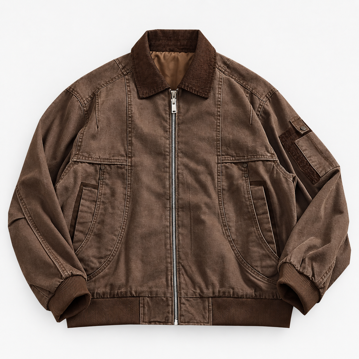 Washed cotton zip jacket with corduroy collar in brown, product cover