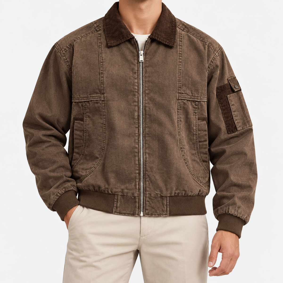 Washed cotton zip jacket with corduroy collar in brown, front view on a model