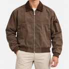 Washed cotton zip jacket with corduroy collar in brown, front view on a model