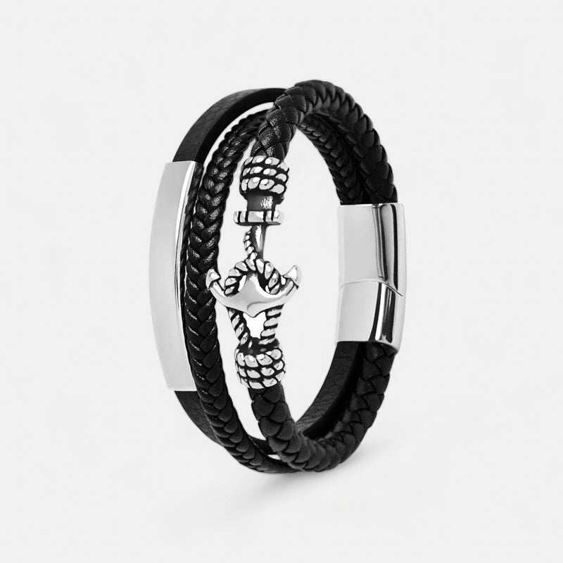 Men's triple-strand bracelet with woven PU and steel detail