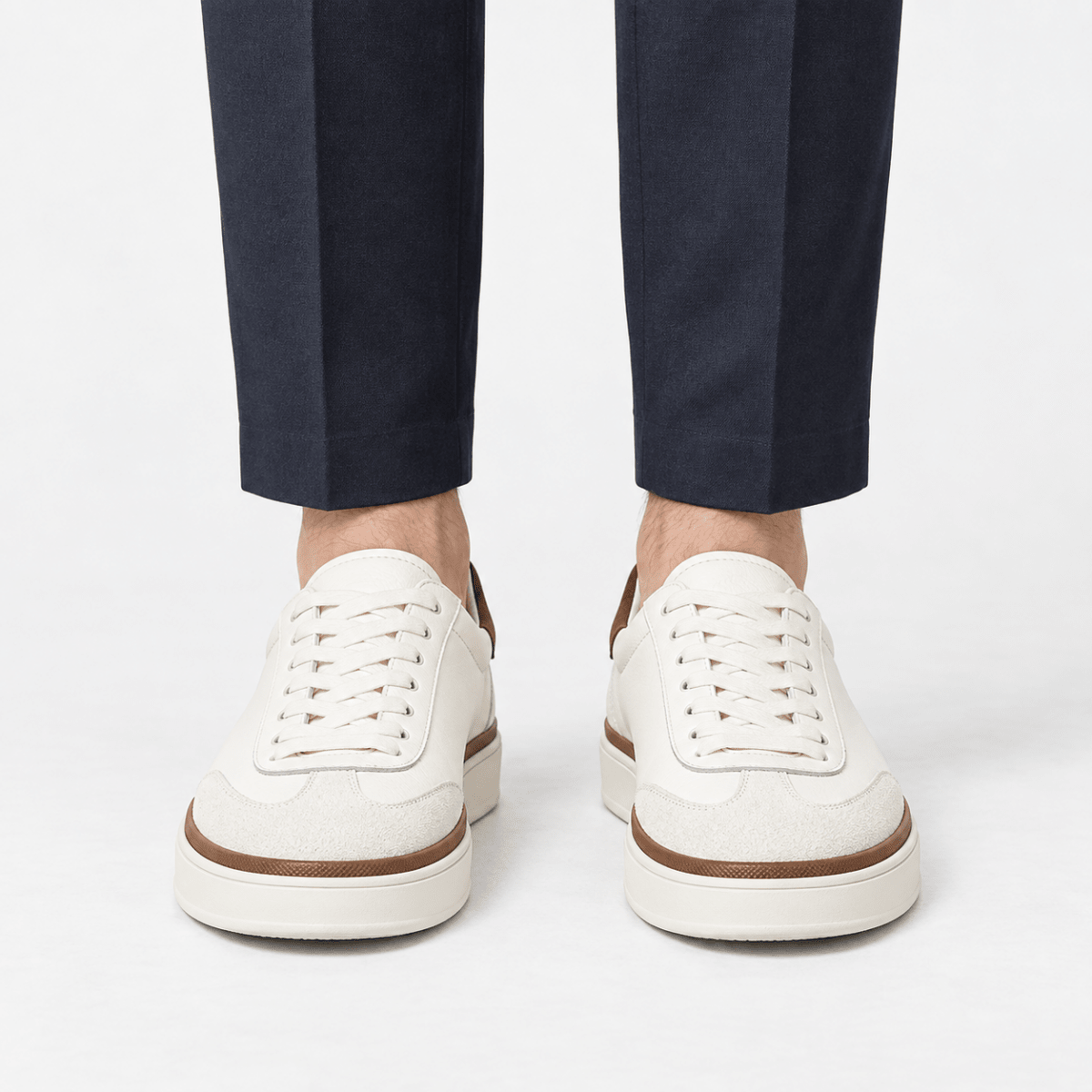 White leather sneakers with brown trim - AntoniosClothing - White