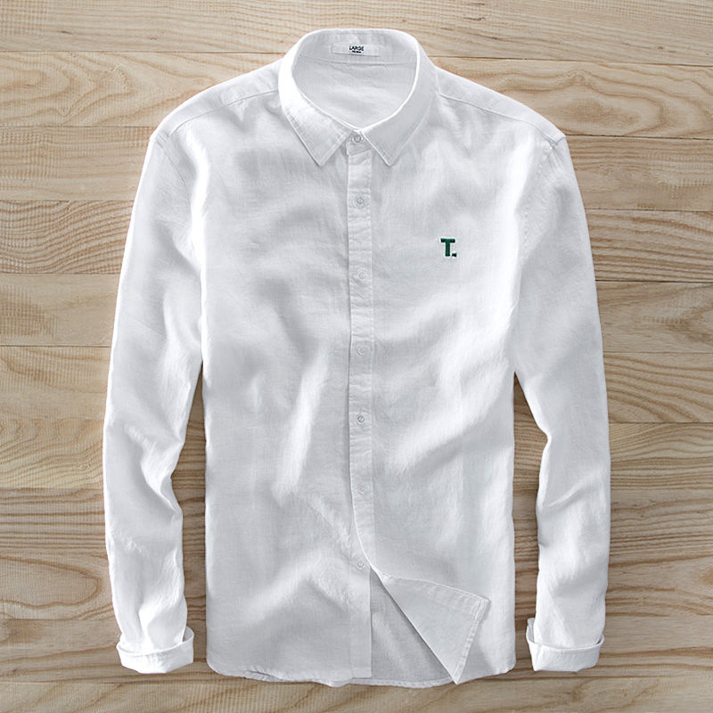 whtie Men's Long Sleeve Shirt Cotton with T letter