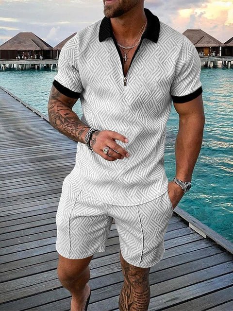 AntoniosClothing White Zip Collar Casual Summer Set 2 piece ( T-Shirt+Shorts) - Antonios