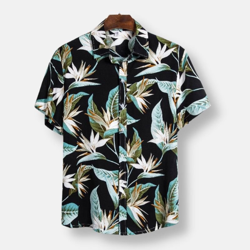 Black Hawaiian Floral Print Short Sleeve Shirt - Antonios