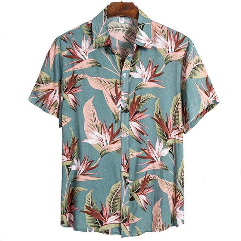 Blue Ocean Hawaiian Floral Print Short Sleeve Shirt - Antonios