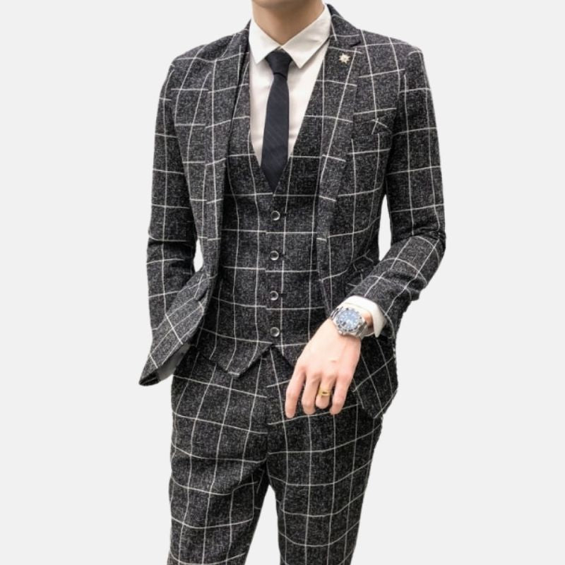 Slim-Fit Plaid Pattern Suit: Timeless 3 Piece Elegance – Antonios