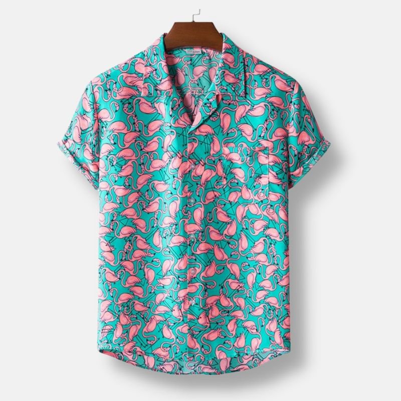 Turquoise-Pink Hawaiian Floral Print Short Sleeve Shirt - Antonios