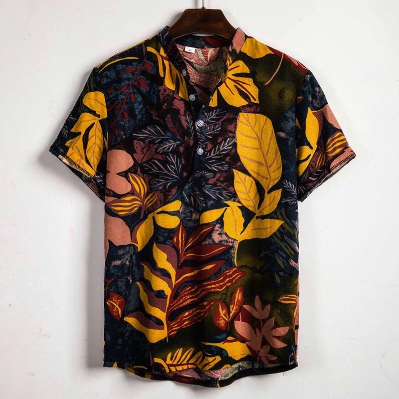 Yellow Hawaiian Floral Print Short Sleeve Shirt - Antonios